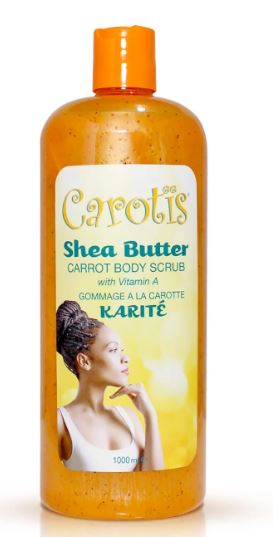 Carrot body scrub bottle with visible branding on a white background